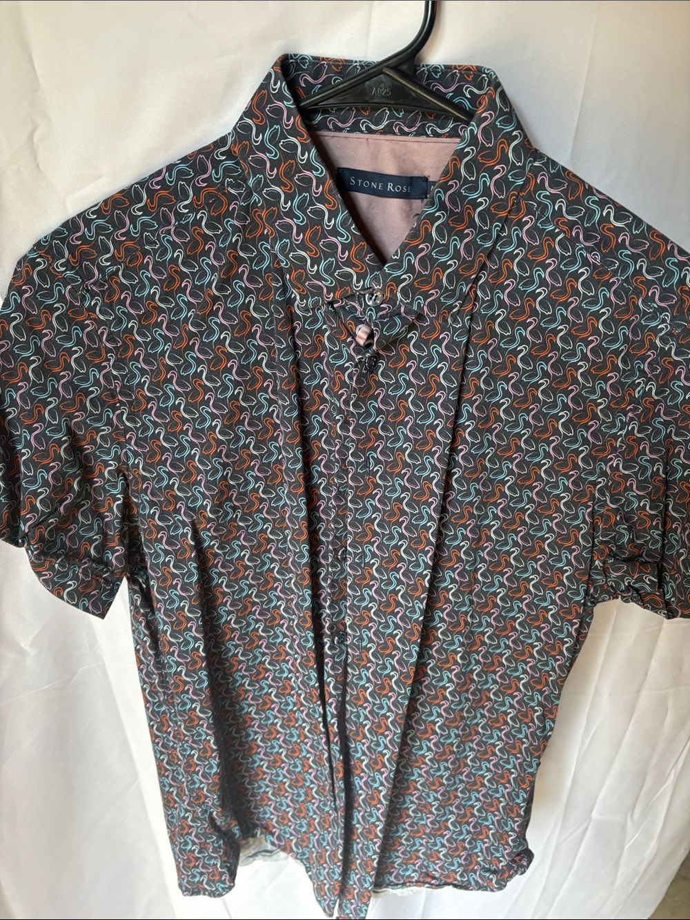 Stone Rose Men’s Short Sleeve Button Shirt - Black flamingo print